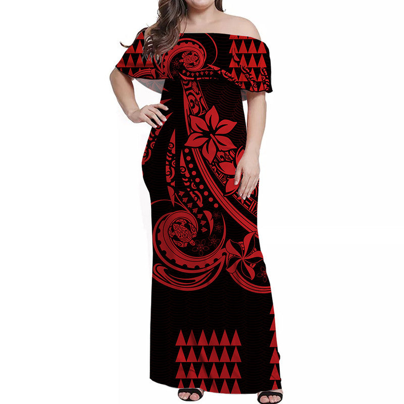 Kakau Hawaiian Polynesian Off Shoulder Long Dress Red LT6 Women Red - Polynesian Pride