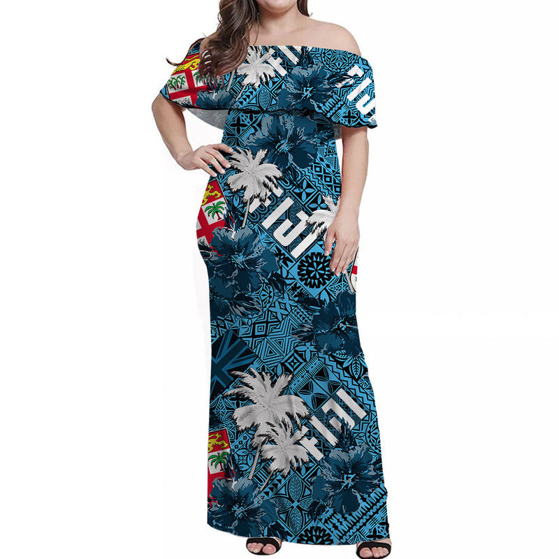 Fiji Hibiscus Off Shoulder Long Dress Hawaii Style No.1 LT6 Women Blue - Polynesian Pride