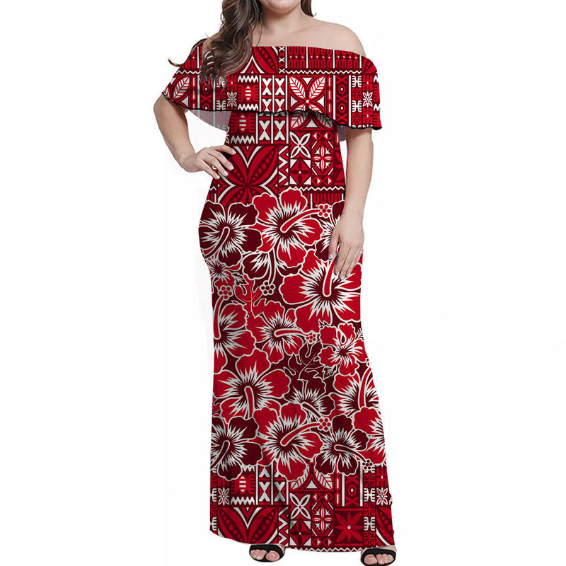 Fiji Hibiscus Festival Off Shoulder Long Dress Red LT6 Women Red - Polynesian Pride