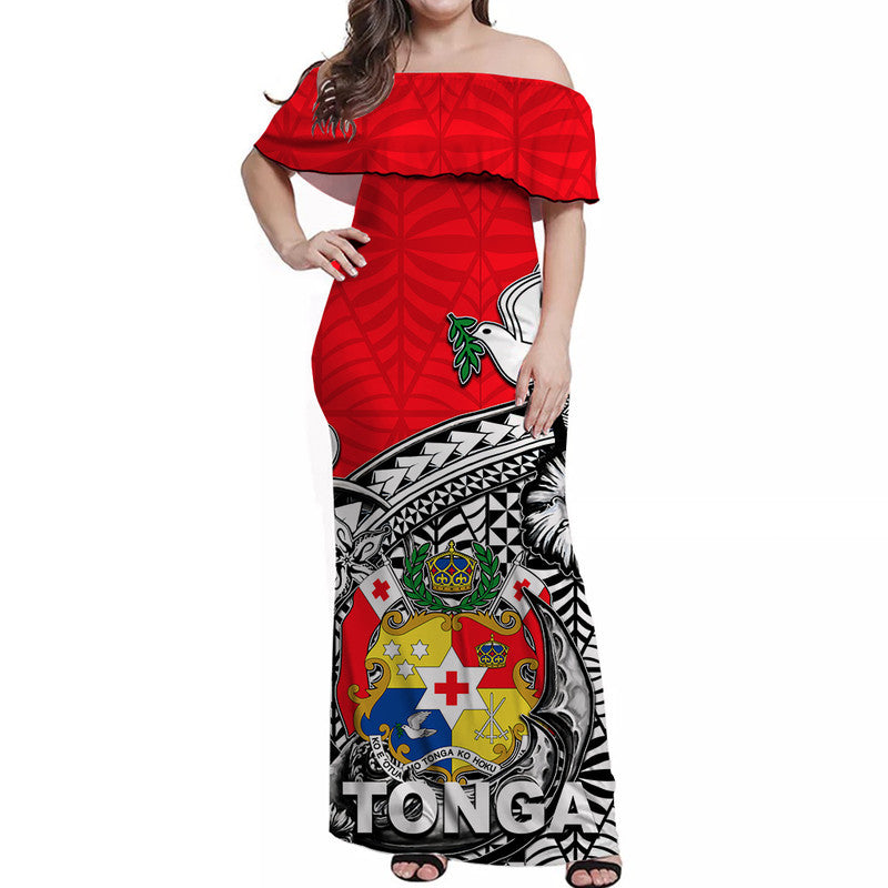 Tonga Hook Tattoo Off Shoulder Long Dress White LT6 Women Red - Polynesian Pride