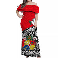 Tonga Hook Tattoo Off Shoulder Long Dress White LT6 Women Red - Polynesian Pride