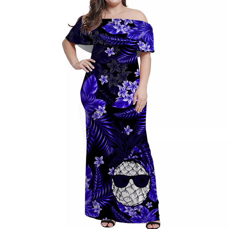 Hawaii Summer Colorful Off Shoulder Long Dress Pineapple Dark Blue LT6 Women Blue - Polynesian Pride