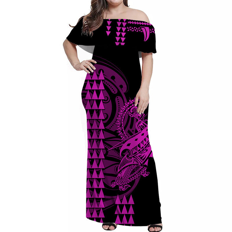 Hawaii Polynesian Warrior Kakau Off Shoulder Long Dress-Purple LT6 Women Purple - Polynesian Pride