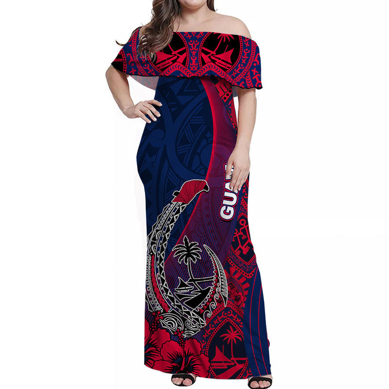 Guam Fish Hook Off Shoulder Long Dress Flag Color Style LT6 Women Blue - Polynesian Pride