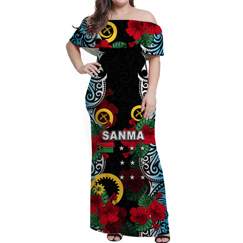 Vanuatu Sanma And Hibiscus Off Shoulder Long Dress LT6 Women Black - Polynesian Pride