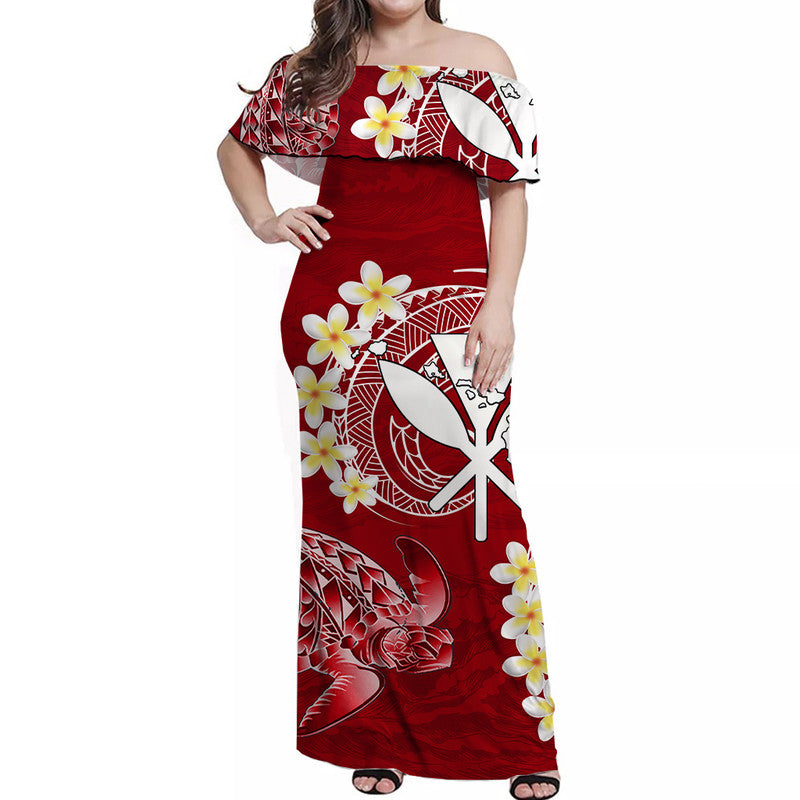 Hawaii Kanaka Turtle Off Shoulder Long Dress Style No.2 LT6 Women Red - Polynesian Pride