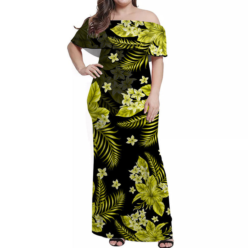 Hawaii Summer Colorful Off Shoulder Long Dress Yellow LT6 Women Yellow - Polynesian Pride