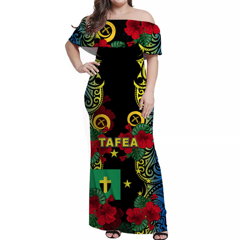 Vanuatu Tafea And Hibiscus Off Shoulder Long Dress LT6 Women Black - Polynesian Pride