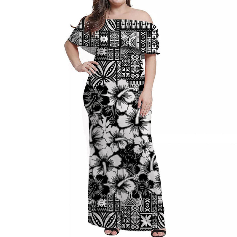 Fiji Hibiscus Festival Off Shoulder Long Dress Black LT6 Women Black - Polynesian Pride