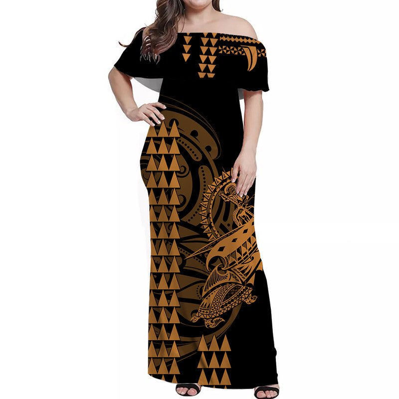 Hawaii Polynesian Warrior Kakau Off Shoulder Long Dress-Gold LT6 Women Gold - Polynesian Pride