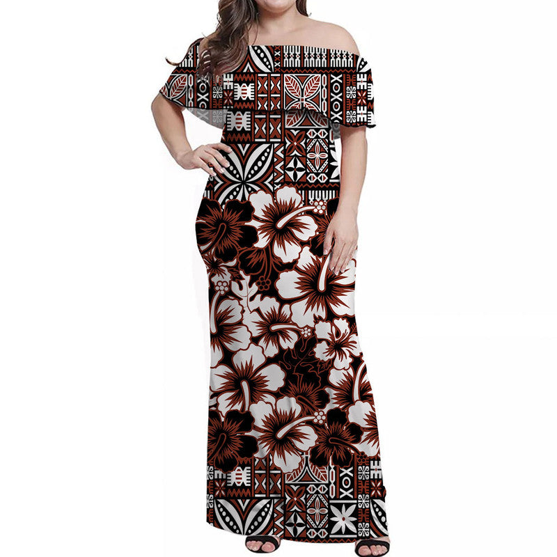 Fiji Hibiscus Festival Off Shoulder Long Dress Brown LT6 Women Brown - Polynesian Pride