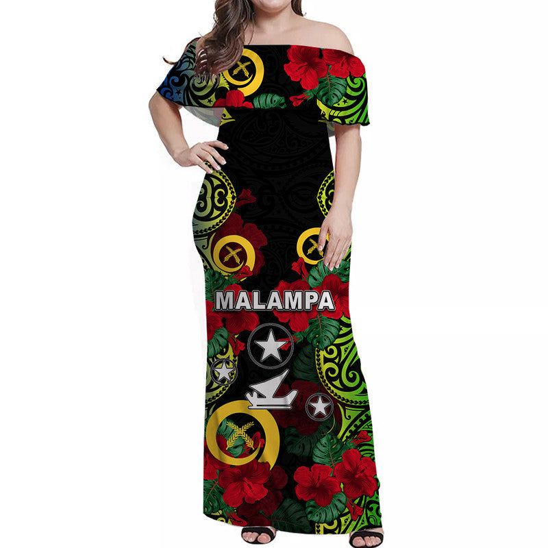 Vanuatu Malampa And Hibiscus Off Shoulder Long Dress LT6 Women Black - Polynesian Pride