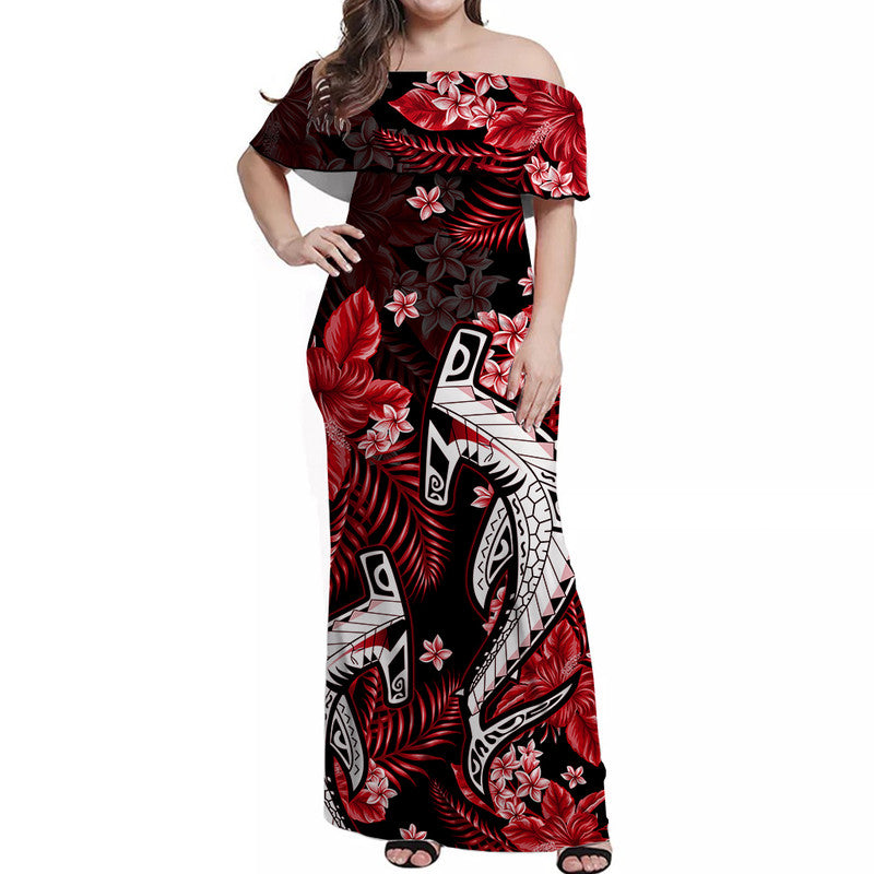 Hawaii Summer Colorful Off Shoulder Long Dress Shark Red LT6 Women Red - Polynesian Pride