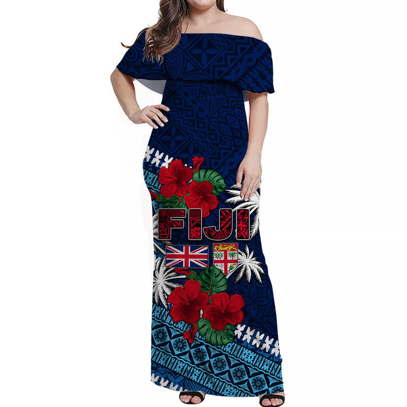 Fiji Patterns With Hibiscus Off Shoulder Long Dress LT6 Women Blue - Polynesian Pride