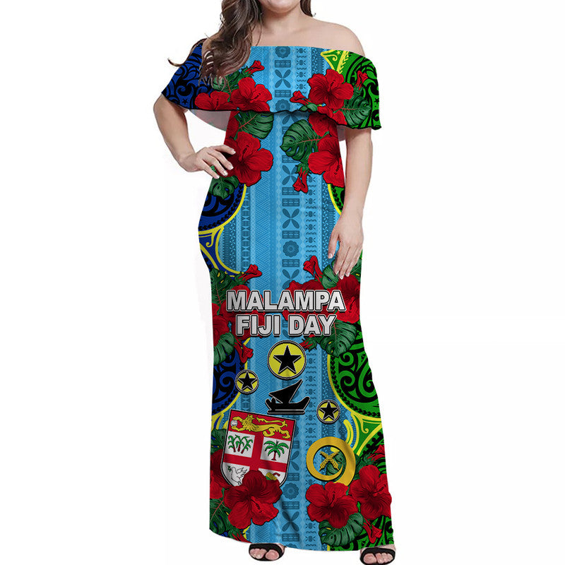 Malampa Fiji Day Hibiscus Off Shoulder Long Dress Style LT6 Women Blue - Polynesian Pride