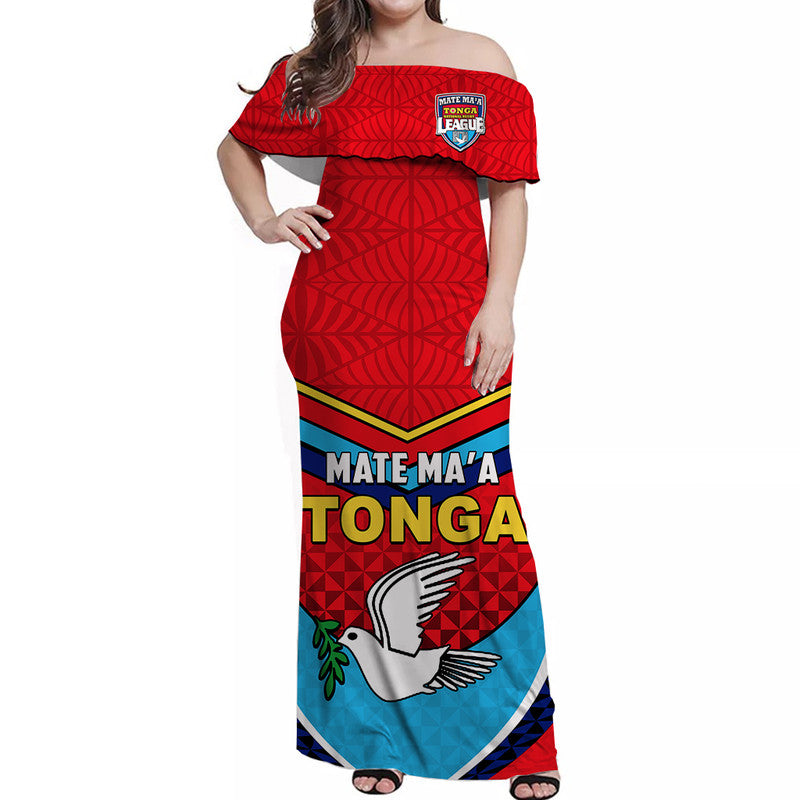 Tonga Mate Ma'a Rugby Off Shoulder Long Dress Jersey LT6 Women Red - Polynesian Pride