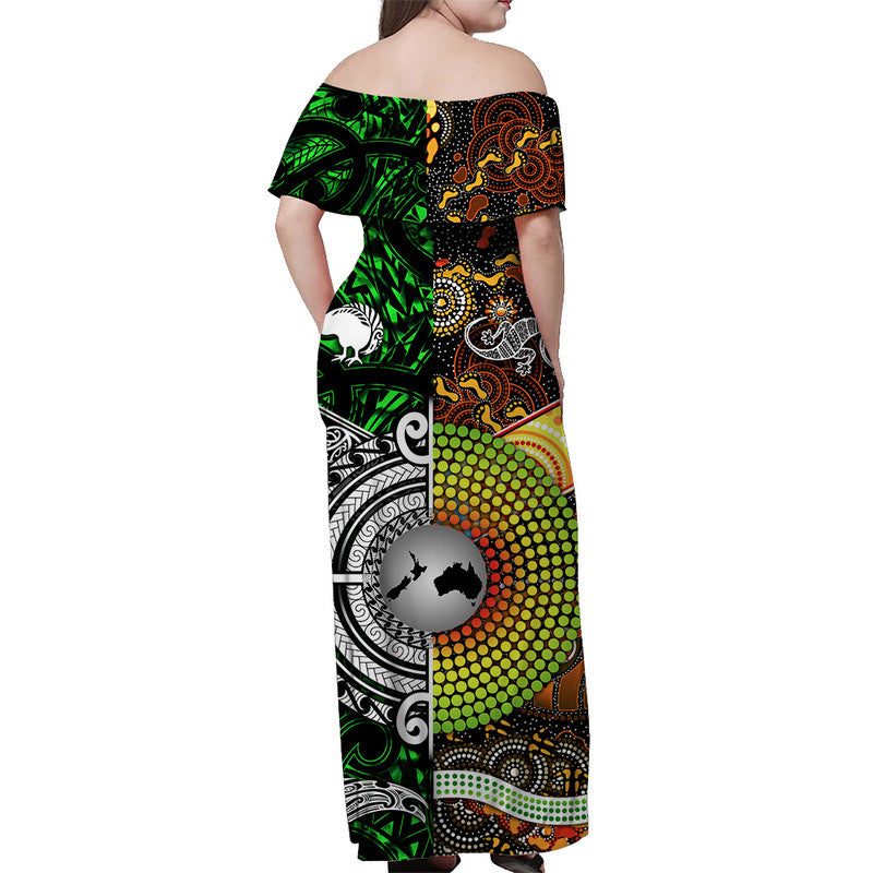 New Zealand Maori Aotearoa And Australia Aboriginal Off Shoulder Long Dress Together - Green LT8 - Polynesian Pride