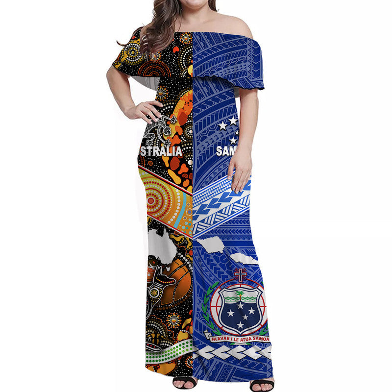 Samoa And Australia Aboriginal Off Shoulder Long Dress Together LT8 Women Blue - Polynesian Pride