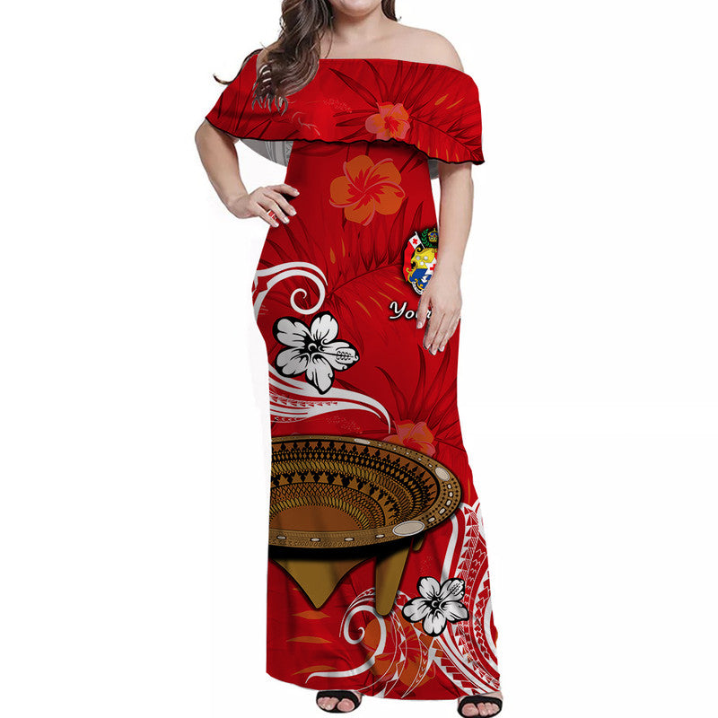 (Custom Personalised) Tonga Kumete Kava Bowl Off Shoulder Long Dress Sila Vibes - Red LT8 Women Red - Polynesian Pride