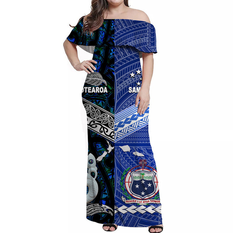 (Custom Personalised) Samoa And New Zealand Off Shoulder Long Dress Together - Blue LT8 Women Blue - Polynesian Pride