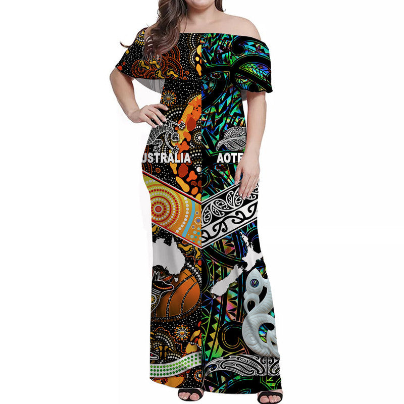 New Zealand Maori Aotearoa And Australia Aboriginal Off Shoulder Long Dress Together - Paua Shell LT8 Women Paua Shell - Polynesian Pride