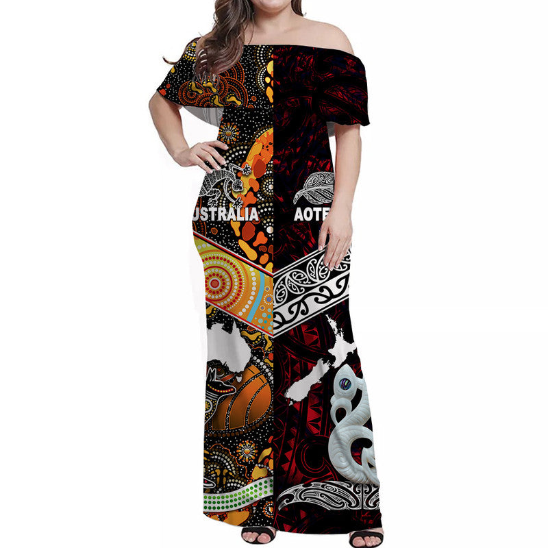 New Zealand Maori Aotearoa And Australia Aboriginal Off Shoulder Long Dress Together - Red LT8 Women Red - Polynesian Pride