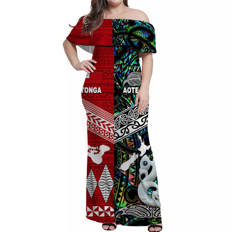 New Zealand And Tonga Off Shoulder Long Dress Together - Paua Shell LT8 Women Paua Shell - Polynesian Pride