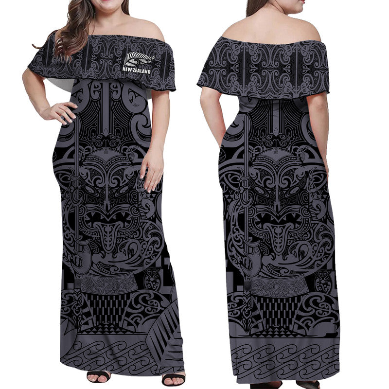 New Zealand Taiaha Maori Women Off Shoulder Long Dress Minimalist Silver Fern All Black LT9 Women Black - Polynesian Pride