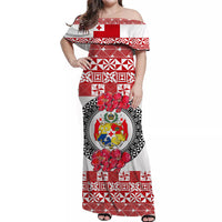 (Custom Personalised) Tonga Emancipation Day Off Shoulder Long Dress Independence Day - Simple Ngatu Heilala Flower - White Red LT8 Women Red - Polynesian Pride