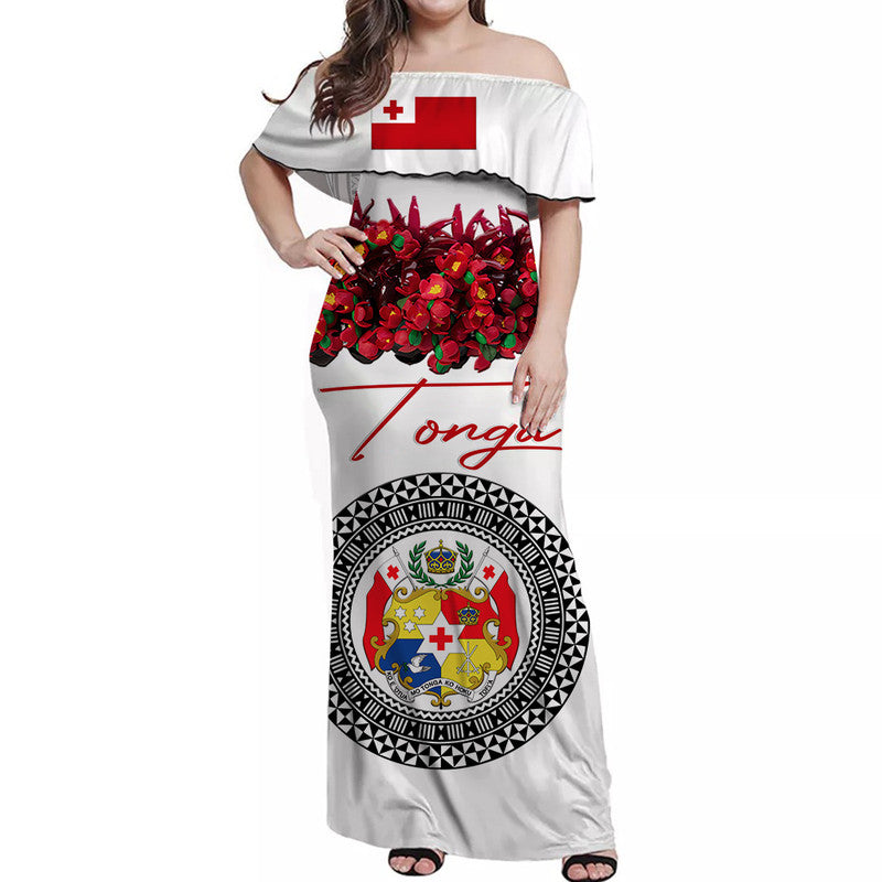 (Custom Personalised) Tonga Emancipation Day Off Shoulder Long Dress Independence Day - Unique Kahoa Heilala Flower - White LT8 Women White - Polynesian Pride