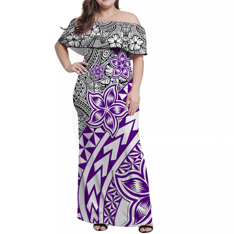 Traditional Polynesian Tribal Tattoo Retro Women Off shoulder Long Dress Purple LT9 Women Purple - Polynesian Pride