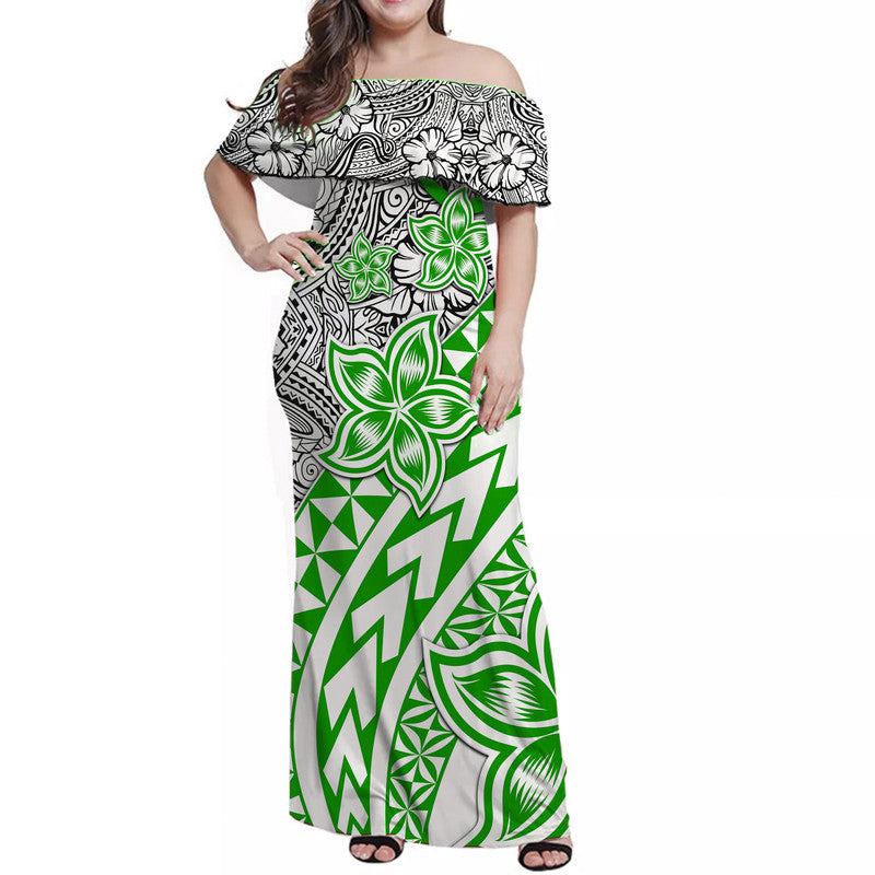 Traditional Polynesian Tribal Tattoo Retro Women Off shoulder Long Dress Green LT9 Women Green - Polynesian Pride