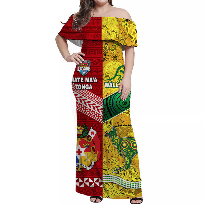 (Custom Personalised) Mate Ma'a Tonga Ngatu And Australia Wallabies Aboriginal Off Shoulder Long Dress Rugby Together LT8 Women - Polynesian Pride