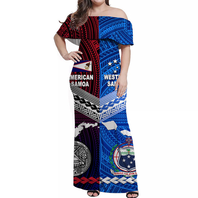 (Custom Personalised) American Samoa And Western Samoa Off Shoulder Long Dress Together LT8 Women Blue - Polynesian Pride