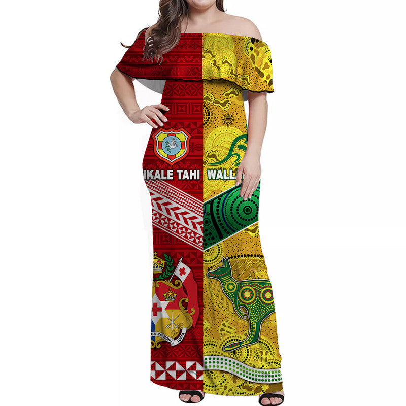 (Custom Personalised) Tonga Ikale Tahi Ngatu And Australia Wallabies Aboriginal Off Shoulder Long Dress Rugby Together LT8 Women - Polynesian Pride