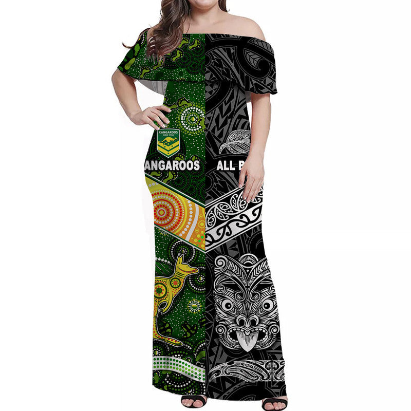 New Zealand Maori All Black And Australia Kangaroos Aboriginal Off Shoulder Long Dress Rugby Together LT8 Women - Polynesian Pride