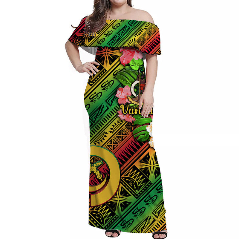 (Custom Personalised) Vanuatu Off Shoulder Long Dress Independence Be Proud Vanuatu Flag - Gradient Vibes LT8 Women Green - Polynesian Pride