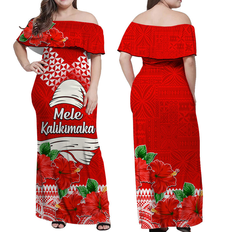 Hawaii Hibiscus Flower Mele Kalikimaka Women Off Shoulder Long Dress LT9 Women Red - Polynesian Pride