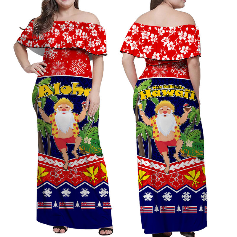 Hawaii Santa Kalikimaka Palm And Hibiscus Christmas Vibe Women Off Shoulder Long Dress LT9 Women Red - Polynesian Pride