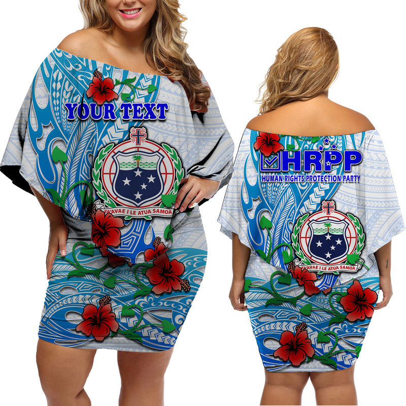 (Custom Personalised) Special Samoa HRPP Party Women Off Shoulder Short Dress Tribal Samoan Hibiscus Design LT9 Women Blue - Polynesian Pride