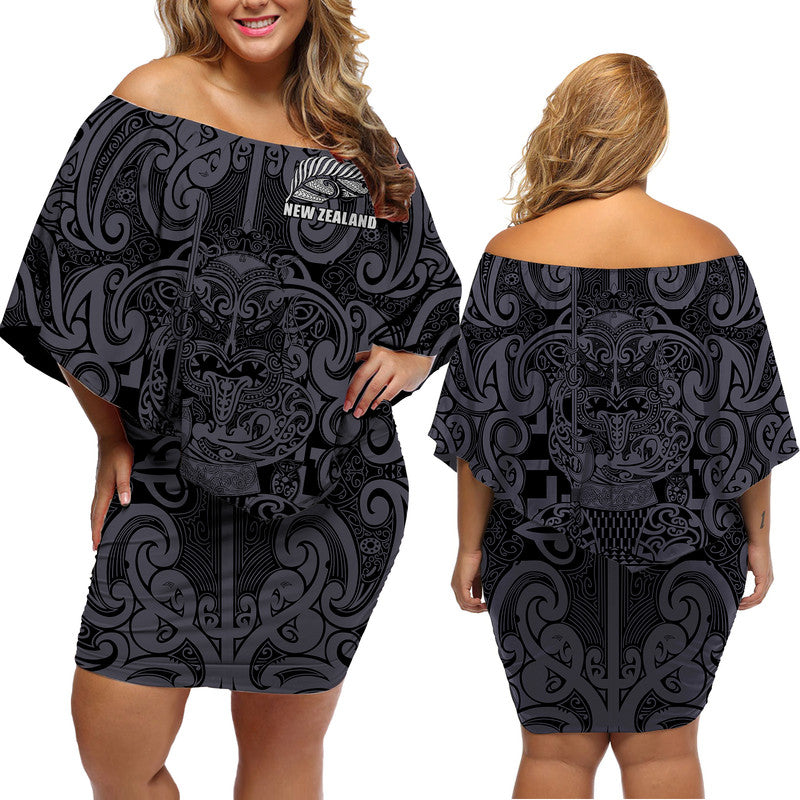 New Zealand Taiaha Maori Women Off Shoulder Short Dress Minimalist Silver Fern All Black LT9 Women Black - Polynesian Pride