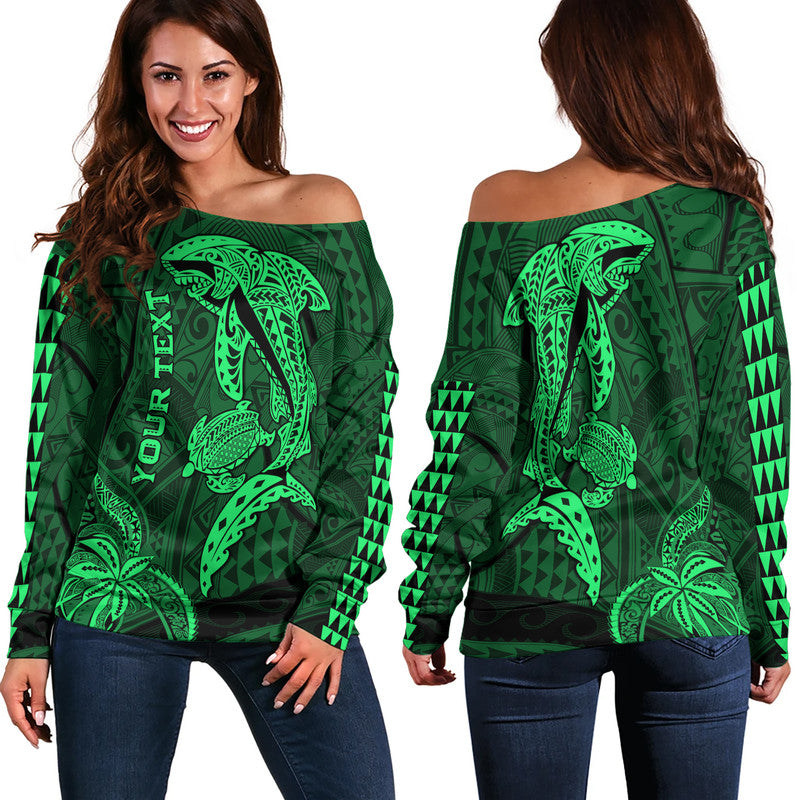 (Custom Personalised) Hawaii Women Off Shoulder Sweater Shark and Turtle Mix Kakau Green LT9 Women Green - Polynesian Pride