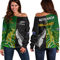 Aotearoa Rugby All Black Combine Australia Wallabies Women Off Shoulder Sweater Aboriginal Kangaroo And Maori Fern LT9 - Polynesian Pride