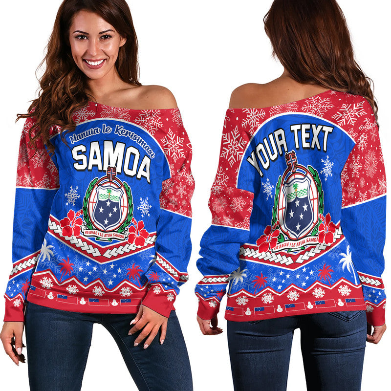 (Custom Personalised) Samoa Tribal Polynesian Christmas Vibe Women Off Shoulder Sweater LT9 Women Blue - Polynesian Pride