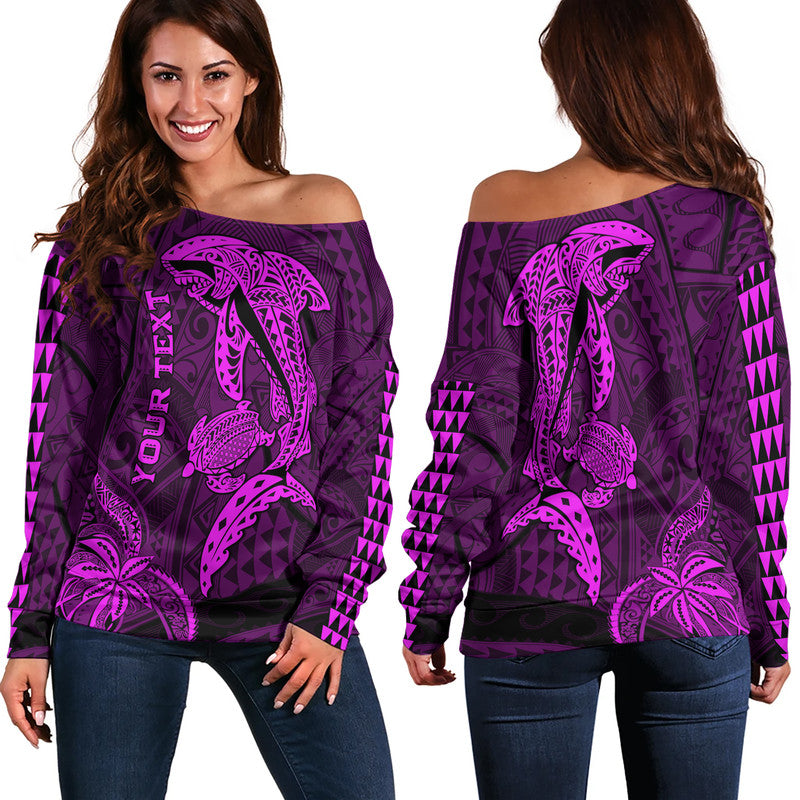 (Custom Personalised) Hawaii Women Off Shoulder Sweater Shark and Turtle Mix Kakau Purple LT9 Women Purple - Polynesian Pride