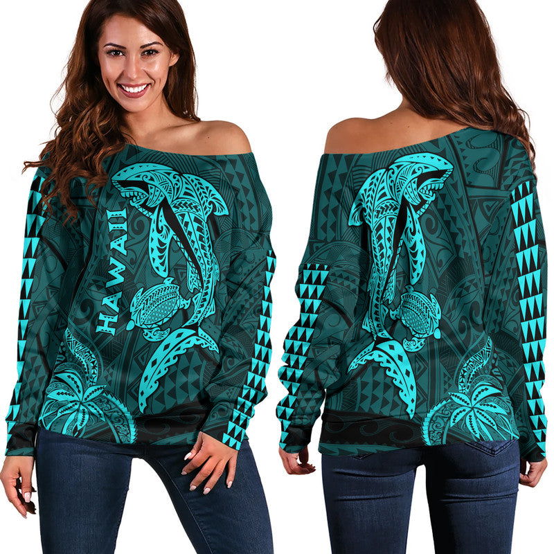 Hawaii Women Off Shoulder Sweater Shark and Turtle Mix Kakau Turquoise LT9 Women Turquoise - Polynesian Pride