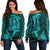 Hawaii Women Off Shoulder Sweater Shark and Turtle Mix Kakau Turquoise LT9 Women Turquoise - Polynesian Pride