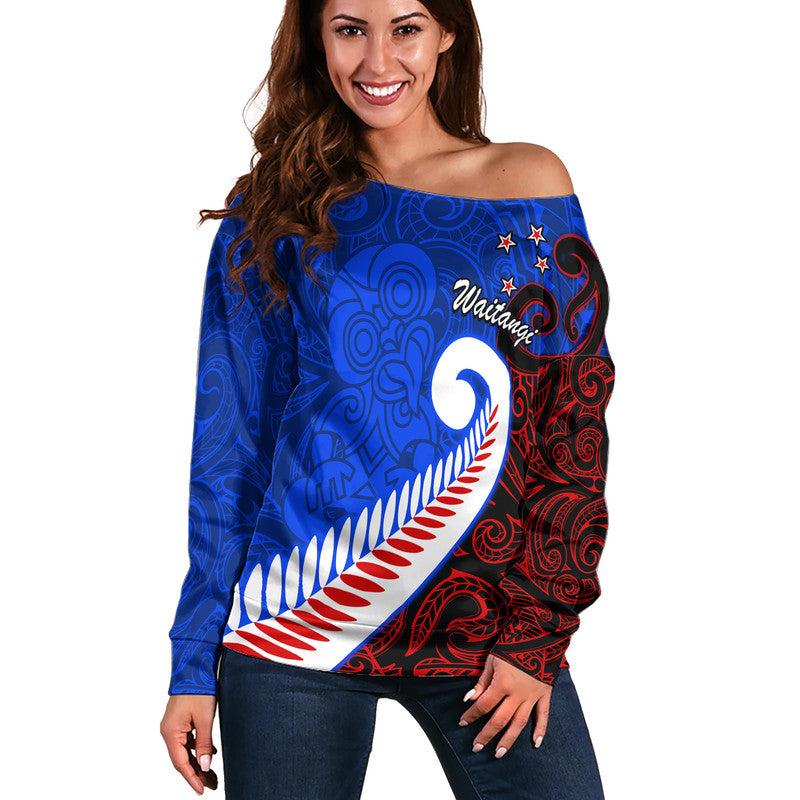 Waitangi Day Women Off Shoulder Sweater Aotearoa Hei Tiki Silver Fern LT9 Women Blue - Polynesian Pride