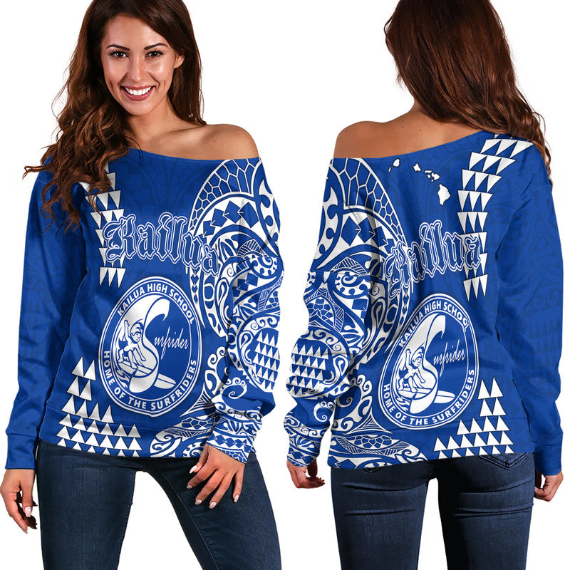 Hawaii Kailua High School Women Off Shoulder Sweater Tribal Kakau LT9 Women Blue - Polynesian Pride