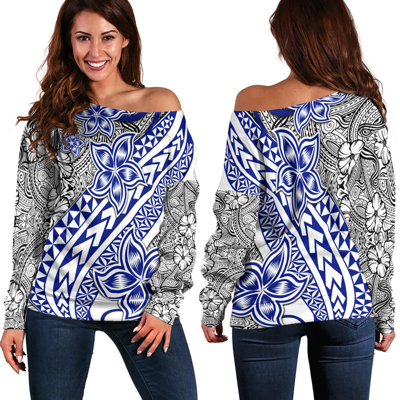 Traditional Polynesian Tribal Tattoo Retro Women Off Shoulder Sweater Blue LT9 Women Blue - Polynesian Pride